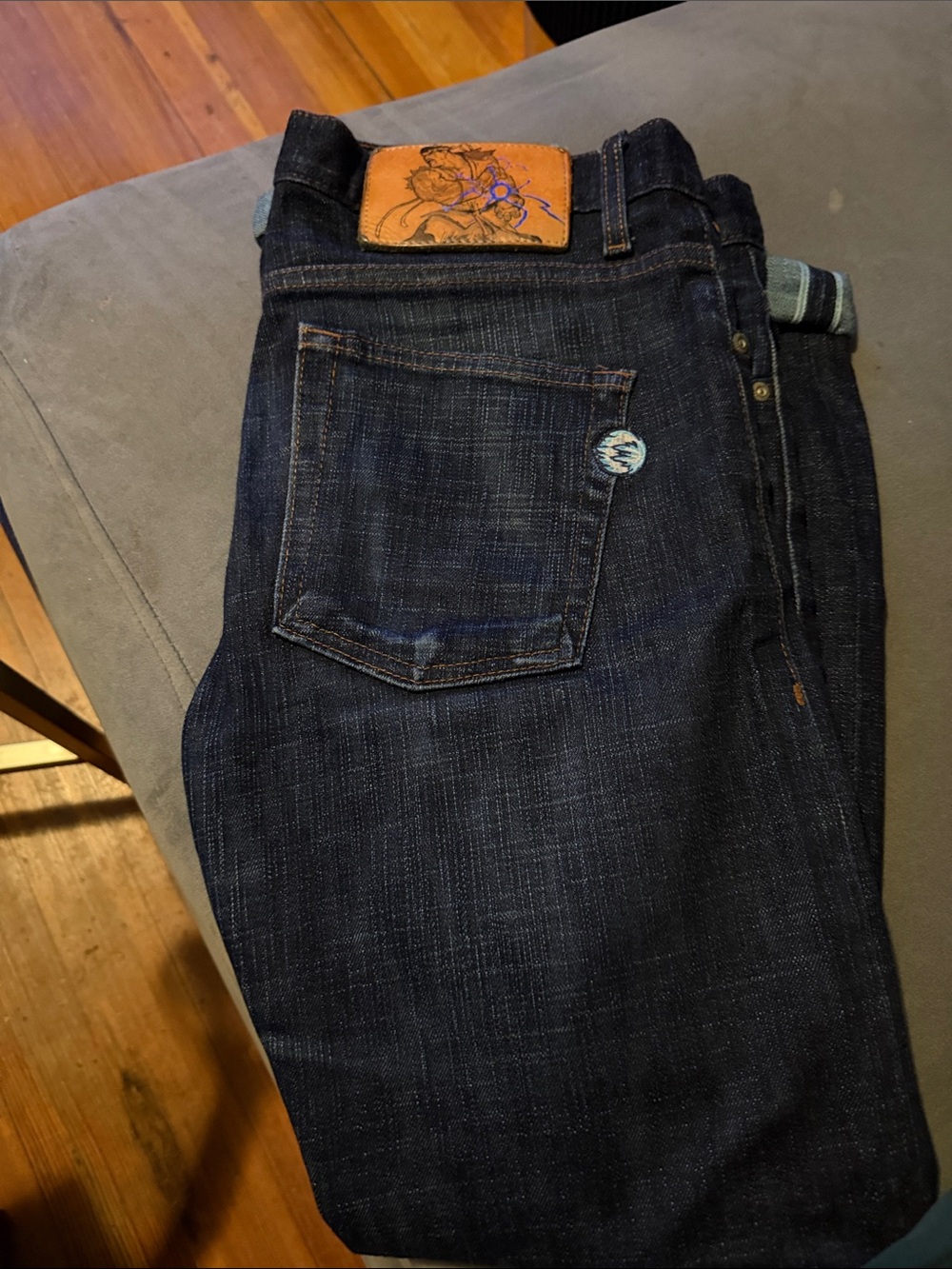 Naked & Famous Denim Indigo Slim Straight Jeans with Leather Patch